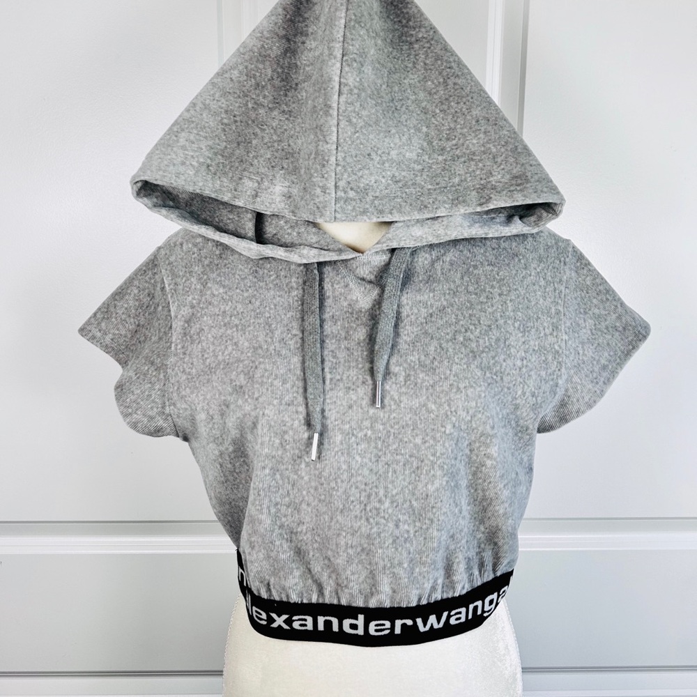 Alexander Wang Cropped Short Sleeve Hoodie in Grey Cotton EUC - Picture 4 of 11